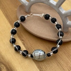 Handcrafted Artisan Onyx Glass Bead One of a Kind Wire Wrapped Bracelet